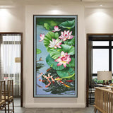 纯手绘鲤鱼戏莲油画客厅入户玄关简约装饰画高清喷绘厂家直销