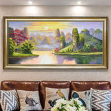 纯手绘山水风景油画客厅办公室横版轻奢装饰画高清喷绘厂家直销