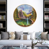 纯手绘山水风景圆框油画客厅玄关聚宝盆装饰画高清喷绘厂家直销