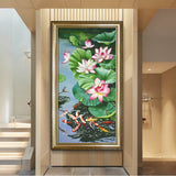 纯手绘鲤鱼戏莲油画客厅入户玄关简约装饰画高清喷绘厂家直销