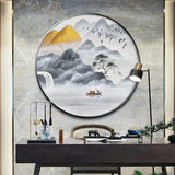 纯手绘山水风景圆框油画背有靠山客厅玄关装饰画高清喷绘厂家直销