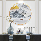 纯手绘山水风景圆框油画背有靠山客厅玄关装饰画高清喷绘厂家直销