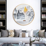 纯手绘山水风景圆框油画背有靠山客厅玄关装饰画高清喷绘厂家直销