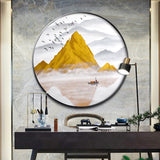 纯手绘山水风景圆框油画客厅玄关背有金山装饰画高清喷绘厂家直销