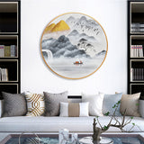 纯手绘山水风景圆框油画背有靠山客厅玄关装饰画高清喷绘厂家直销