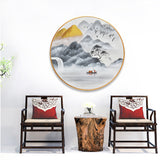 纯手绘山水风景圆框油画背有靠山客厅玄关装饰画高清喷绘厂家直销