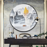 纯手绘山水风景圆框油画背有靠山客厅玄关装饰画高清喷绘厂家直销
