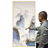 新中式纯手绘风景油画金泊山峰玄关书房挂画现代简约装饰