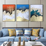 纯手绘欧式客厅鹿发发财树油画金泊轻奢挂画现代简约装饰画