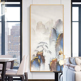 新中式纯手绘风景油画金泊山峰玄关书房挂画现代简约装饰