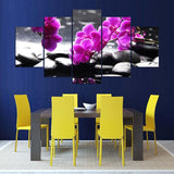 5 Panels Canvas Painting purple orchid flowers zen stone Painting Poster Print Painting room decor wall art WD-1476