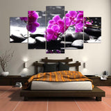 5 Panels Canvas Painting purple orchid flowers zen stone Painting Poster Print Painting room decor wall art WD-1476