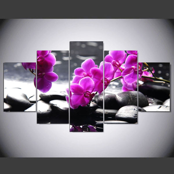 5 Panels Canvas Painting purple orchid flowers zen stone Painting Poster Print Painting room decor wall art WD-1476