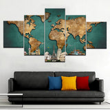 5 Pieces Modular Pictures for Home Abstract Wall Art Painting World Map Canvas Painting for Living Room Home Decor Picture