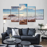 5 piece Canvas Painting Blue Sea Waves Rock Beach Sunrise Canvas picture room decor print poster wall art  WD-36