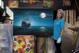 Startonight Canvas Wall Art Ship and Moon on Blue Sea Painting, Framed 32" x 48"