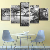 Canvas Pictures For Living Room Wall Art Poster Framework 5 Pieces Lakeside Big Trees Paintings Black White Landscape Home Decor