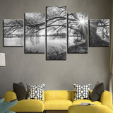 Canvas Pictures For Living Room Wall Art Poster Framework 5 Pieces Lakeside Big Trees Paintings Black White Landscape Home Decor