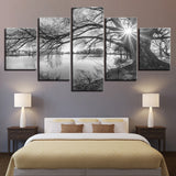 Canvas Pictures For Living Room Wall Art Poster Framework 5 Pieces Lakeside Big Trees Paintings Black White Landscape Home Decor