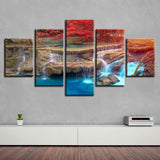 HD Printed Modular Canvas Posters 5 Pieces Red Tree Waterfalls Natural Scenery Painting Decor Living Room Wall Art Frame Picture
