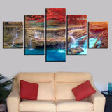 HD Printed Modular Canvas Posters 5 Pieces Red Tree Waterfalls Natural Scenery Painting Decor Living Room Wall Art Frame Picture