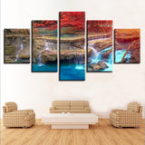 HD Printed Modular Canvas Posters 5 Pieces Red Tree Waterfalls Natural Scenery Painting Decor Living Room Wall Art Frame Picture