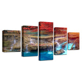 HD Printed Modular Canvas Posters 5 Pieces Red Tree Waterfalls Natural Scenery Painting Decor Living Room Wall Art Frame Picture