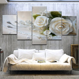 HOT SELL 5 Piece Wall Art Picture On Canvas Printed Painting Modern Modular Picture Lots Of Flowers White rose with frame