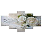 HOT SELL 5 Piece Wall Art Picture On Canvas Printed Painting Modern Modular Picture Lots Of Flowers White rose with frame