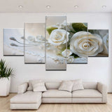 HOT SELL 5 Piece Wall Art Picture On Canvas Printed Painting Modern Modular Picture Lots Of Flowers White rose with frame
