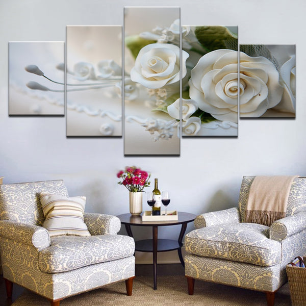 HOT SELL 5 Piece Wall Art Picture On Canvas Printed Painting Modern Modular Picture Lots Of Flowers White rose with frame