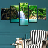 Picture Art Modern HD Printed Decor 5 Pieces Waterfall Green Forest Nutural Scenery Canvas Painting Modular For Living Room Wall