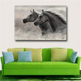 Gray Two Running Horses Canvas Painting Animal Pictures For Living Room Wall Art
