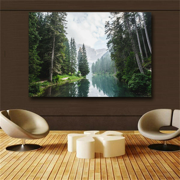 1 Piece Clear Lake And Mountain In The Forest Canvas Poster Wall Art Natural