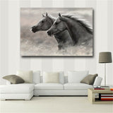 Gray Two Running Horses Canvas Painting Animal Pictures For Living Room Wall Art