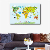 Nordic Modern Children Kawaii Cartoon Animals World Map, Canvas Print Painting