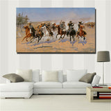 Frederic S. Remington "A Dash for the Timber" print on oil painting (31x54in)