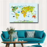 Nordic Modern Children Kawaii Cartoon Animals World Map, Canvas Print Painting