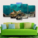 Blue 5 Panel Wall Art Painting Underwater Turtle Prints On Canvas Picture Animal