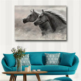Gray Two Running Horses Canvas Painting Animal Pictures For Living Room Wall Art