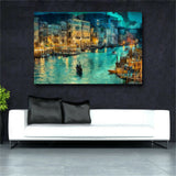 A small town at night Moat building Handmade Oil Painting Canvas Wall Art