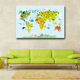Nordic Modern Children Kawaii Cartoon Animals World Map, Canvas Print Painting