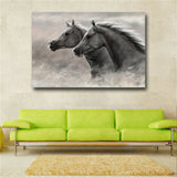 Gray Two Running Horses Canvas Painting Animal Pictures For Living Room Wall Art