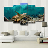 Blue 5 Panel Wall Art Painting Underwater Turtle Prints On Canvas Picture Animal
