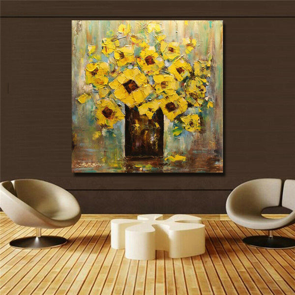Hand Painted Oil Painting Floral Abstract Yellow Vase Flower on Canvas Wall Art