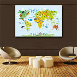 Nordic Modern Children Kawaii Cartoon Animals World Map, Canvas Print Painting
