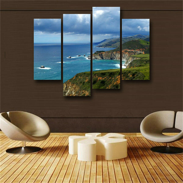 4 Panel Wall Art Painting Big Sur California Blue Sea Cloudy Printed On Canvas