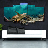 Blue 5 Panel Wall Art Painting Underwater Turtle Prints On Canvas Picture Animal
