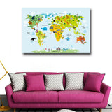 Nordic Modern Children Kawaii Cartoon Animals World Map, Canvas Print Painting