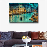 A small town at night Moat building Handmade Oil Painting Canvas Wall Art